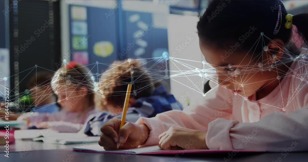 Poster girl writing in notebook for classroom assignment with digital network overlay shifting and pulsing