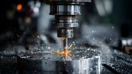 Close up of a cnc machine dripping cutting fluid while shaping a metal piece, showcasing precision engineering and advanced manufacturing techniques in a dynamic industrial setting