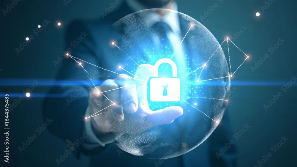Poster businessman protecting personal data with lock icon: cybersecurity, data protection, encryption, and