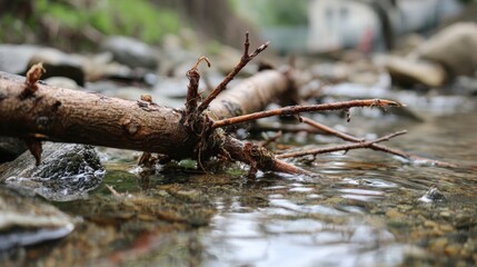 Close-up of a fallen tree branch partially submerged in a clear stream with pebbles and rocks, captu natural outdoor scenery and water flow, relaxing nature scene