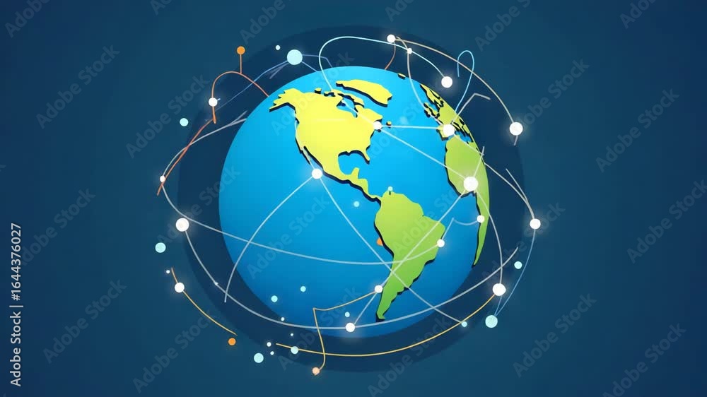 Poster Flat Global Network Globe Clipart: Interconnected Digital Pathways in Simple 2D Cartoon Style - A Cute Vector Illustration from a Bird's Eye View for Smart Business Concepts