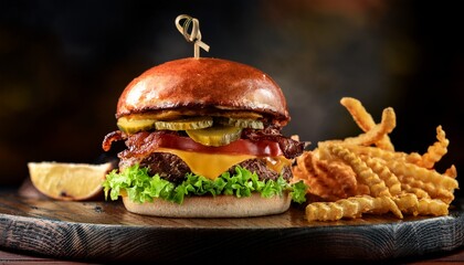 a delicious burger with bacon cheese pickles and lettuce served with crinkle cut fries