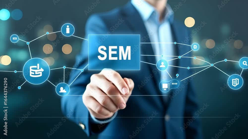 Poster businessman highlighting sem icons on digital interface: a visual guide to search engine marketing s