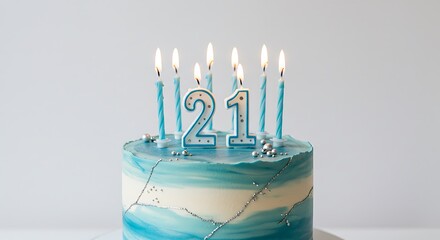 21st Birthday Cake Celebration: Blue and White Fondant with Candles