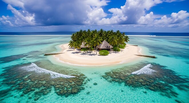 Aerial view of a small tropical island with palm trees and a bungalow in crystal clear turquoise water