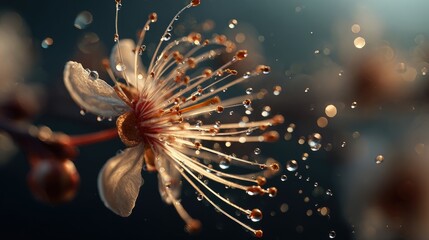 Close-up of a delicate flower with water droplets on its stamens and petals illuminated by soft warm light, captu intricate details and a dreamy background