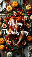 Obraz premium Festive Roasted Turkey Centerpiece with Pumpkins, Figs, Cranberries, and ‘Happy Thanksgiving’ Greeting