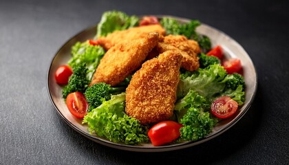 Fototapeta premium a plate of crispy chicken tenders served on a bed of fresh greens and vegetables