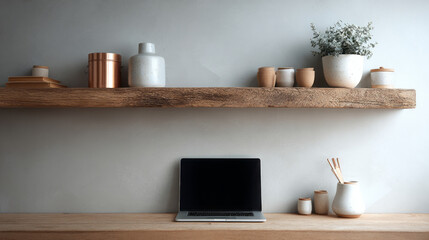 Obraz premium Minimalist workspace with laptop on wooden desk and rustic shelf with ceramic pots and plants