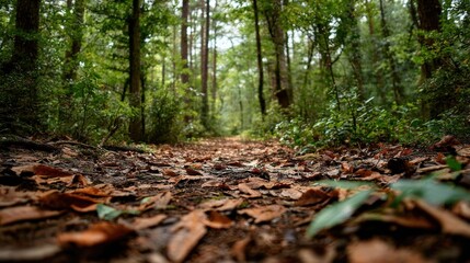 Fototapeta premium Wide shot of a peaceful forest trail with fallen leaves and tall trees surrounded by lush greenery du daytime in a natural outdoor environment