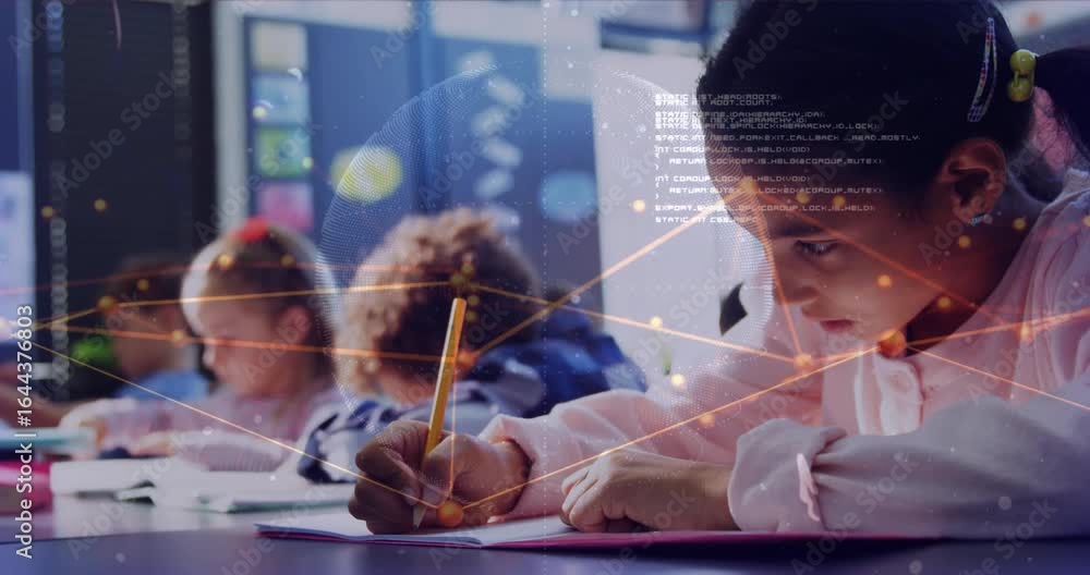 Poster children writing on paper in classroom activating network nodes and code linking to globe mesh