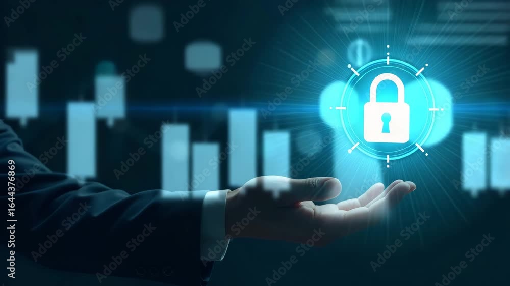 Poster flat cybersecurity concepts: businessman protecting personal data with lock icon - illustrating data