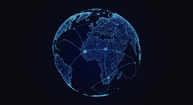 Abstract glowing blue digital globe with a network grid showing global connectivity.