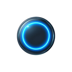 Glowing blue circle button with transparent glass dome, isolated on black background. Futuristic interface.