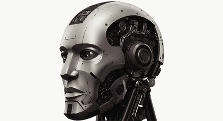 Fototapeta premium Advanced humanoid robot head in profile with exposed intricate mechanical wiring.