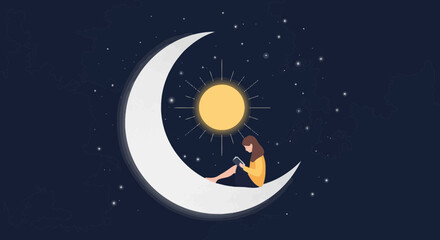 Fototapeta premium Girl reading on the moon with starlight and celestial sun background illustration