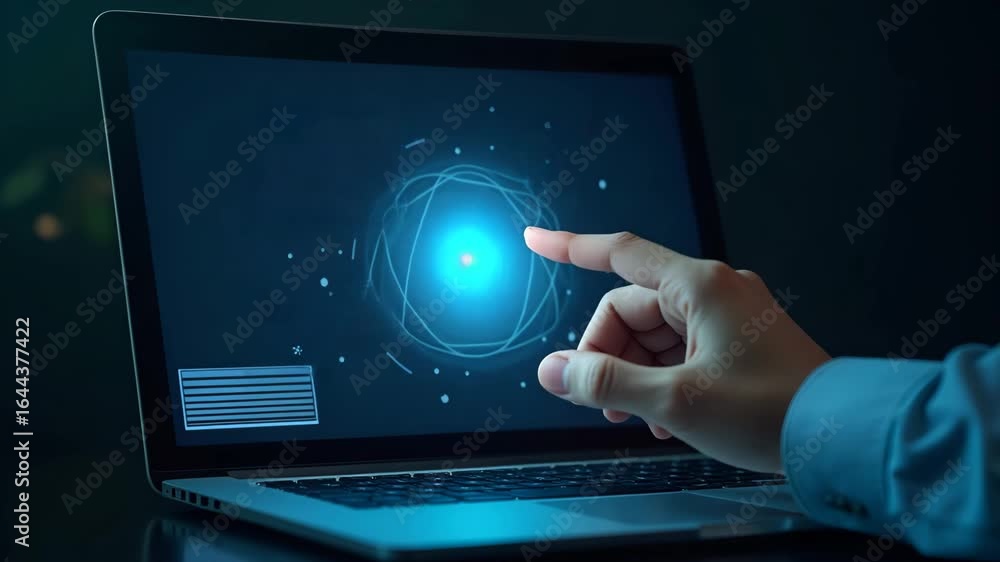 Poster hand interacting with holographic ai chatbot interface on laptop: smart assistant technology icons f