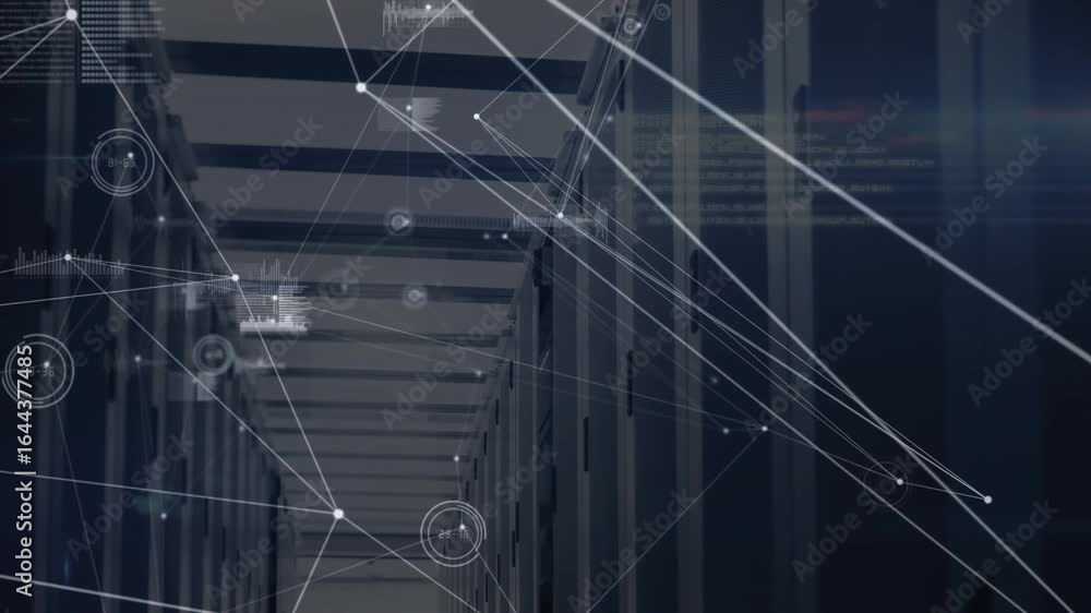 Poster network visualization fading in over rack aisle nodes emerging lines extending charts updating