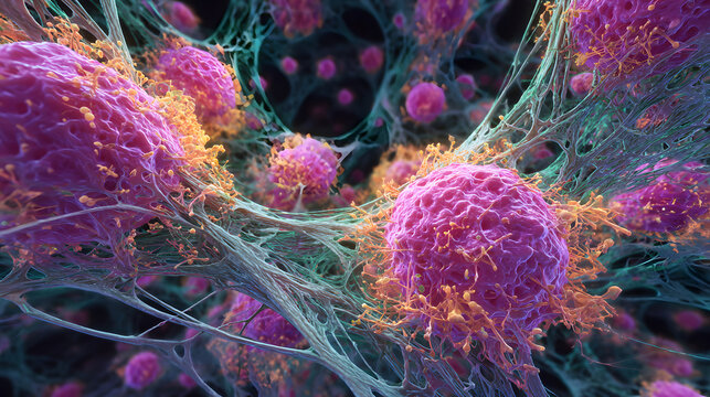 Abstract medical visualization of cancerous cells multiplying and spreading with a complex network in a magnified view, suitable for educational purposes