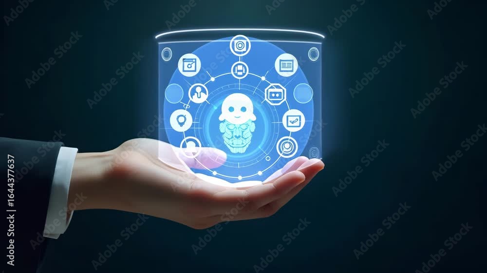 Poster flat hand holding holographic chatbot ai interface with communication icons - smart business concept