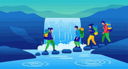 Group of hikers crossing a river on stones in a beautiful mountain landscape with waterfall, promoting adventure and outdoor activities