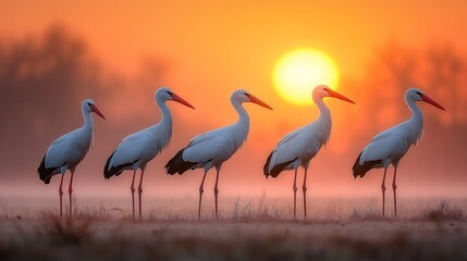 Obraz premium Sunrise silhouettes of storks, misty field