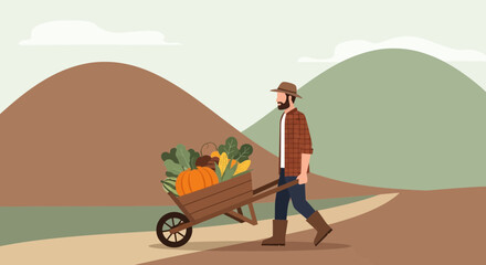 Farmer with a wheelbarrow full of fresh vegetables on a farm landscape perfect for agricultural and sustainable lifestyle themes