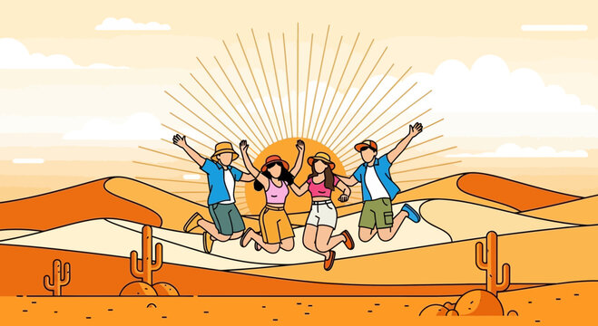 Group of friends joyfully jumping against the backdrop of a desert landscape with radiating sun beams