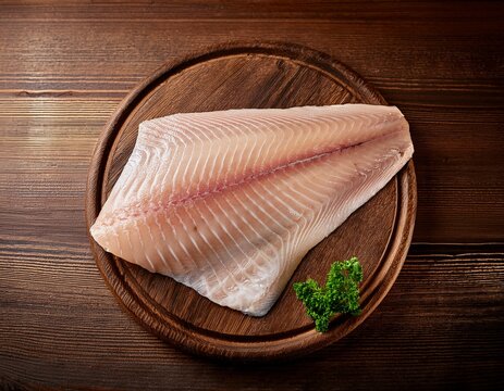 uncooked saithe fish fillet presented as a wholesome meal option with blank table space