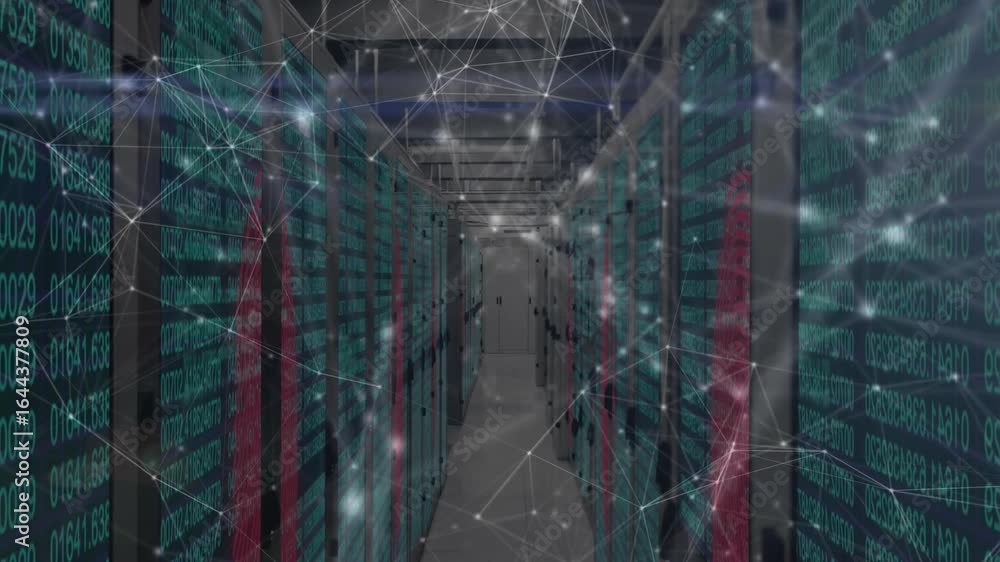 Aufkleber camera moving down server corridor as racks blinking lights and streaming code showing network flow