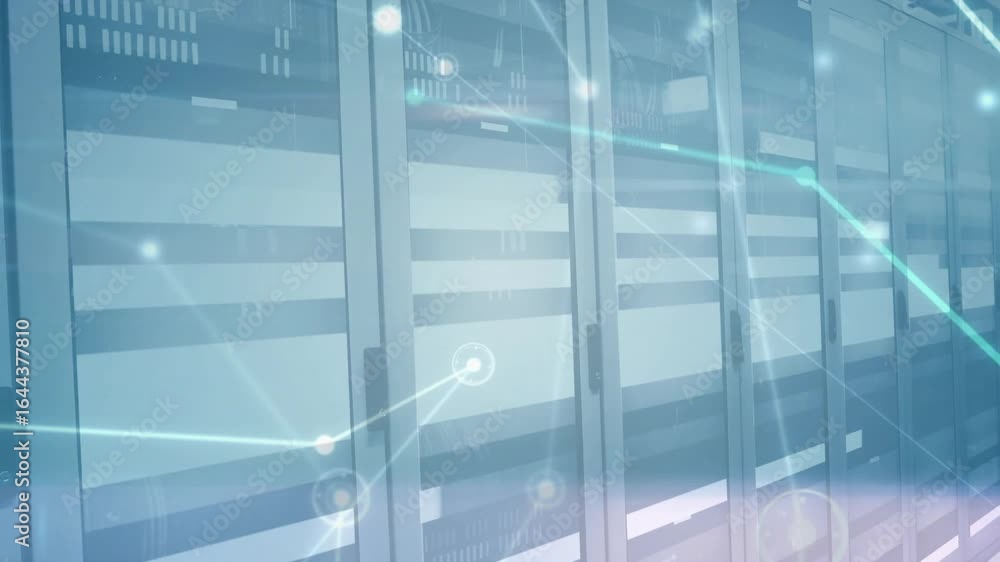 Poster dim light revealing racks initiating lines forming overlay visualizing data across server cabinets