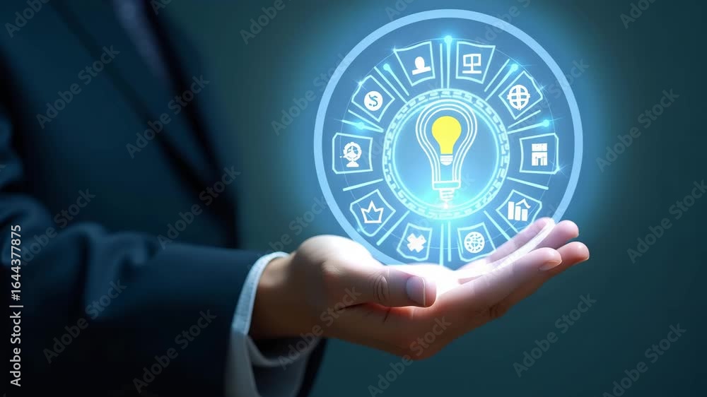 Poster hand holding holographic quality control certification device with assurance icons for automation pr