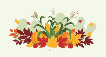 Festive Autumnal Still Life with Pumpkins, Corn, and Colorful Leaves for Thanksgiving