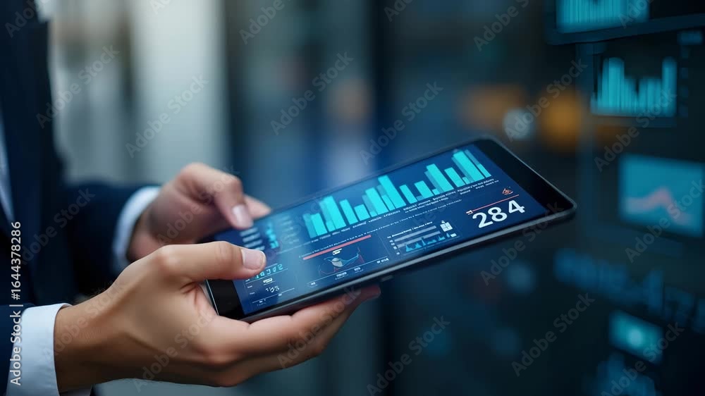 Poster business person analyzing financial statistics on tablet: data-driven decisions & investment insight
