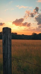 Sunset over a golden field, wooden post