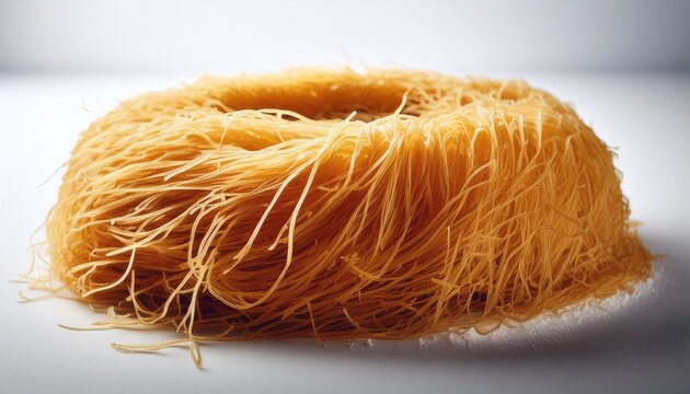 a close up of dough from thin threads of kadaif against a light background