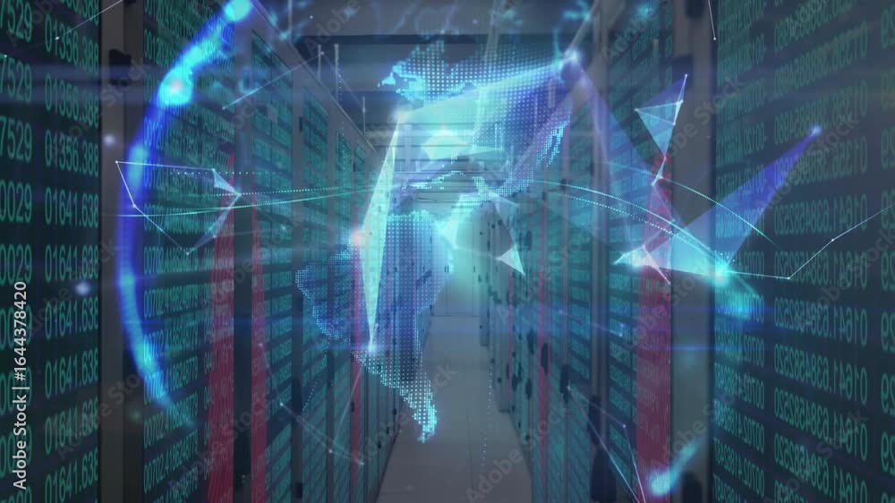 Aufkleber faint blue nodes materializing amid racks multiplying into web coalescing into rotating data globe