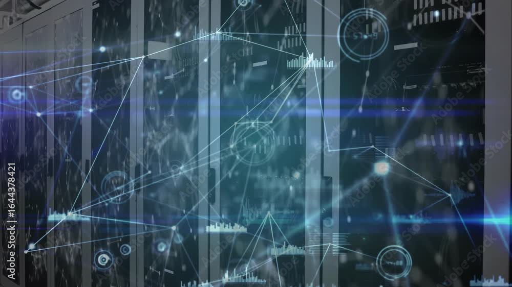 Poster server racks initiating network overlay on startup, connecting nodes and animating metric charts