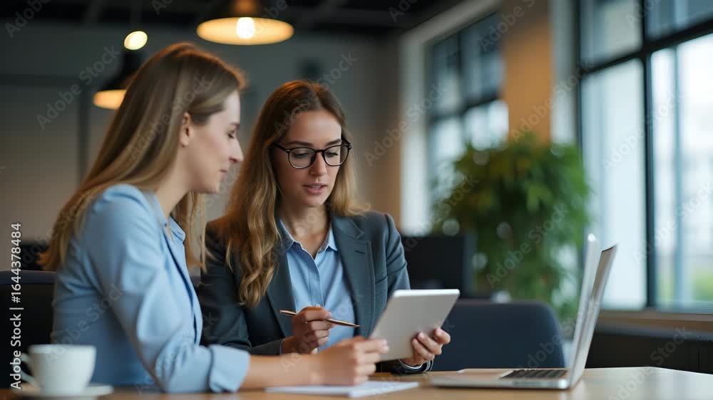 Poster two busy business colleagues engaged in strategic discussion using tablet during corporate meeting -