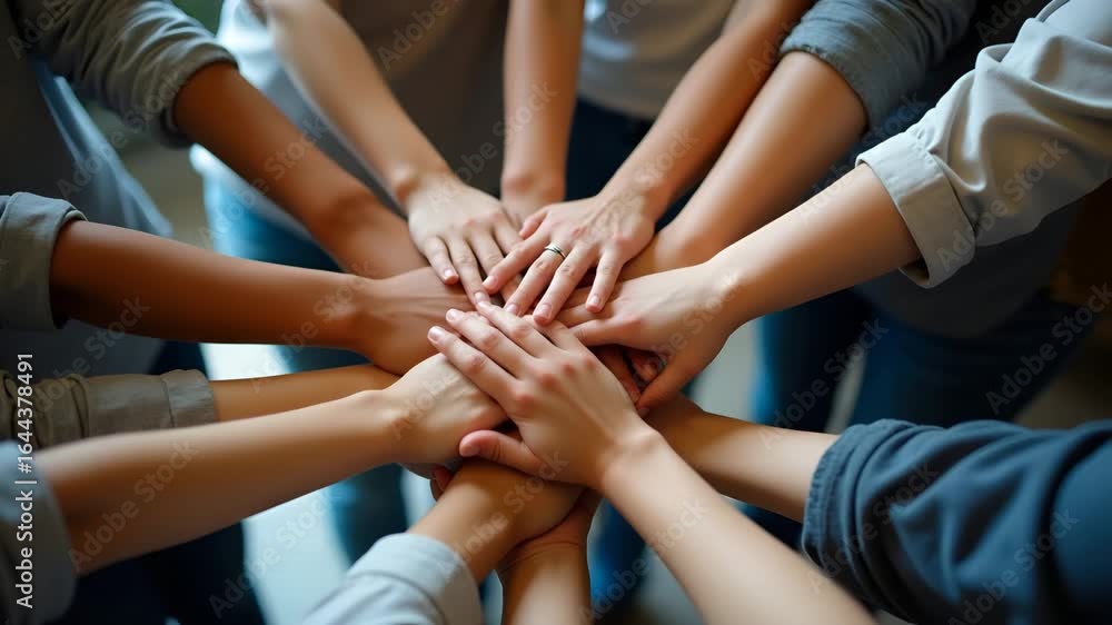 Poster close up of young people stacking hands together, showcasing unity and teamwork concept, with empty 
