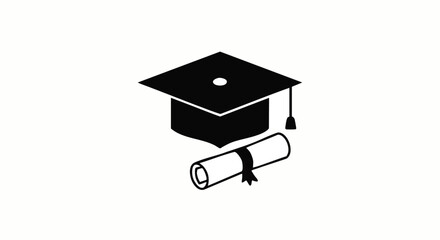 Black Graduation Cap and Diploma Icon on White Background