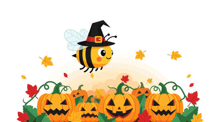 Festive Halloween illustration featuring a bee witch and cheerful pumpkins display