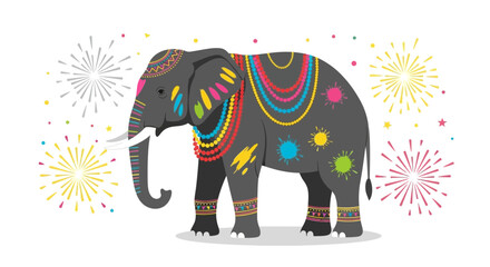 Fototapeta premium Festive indian elephant adorned with colorful decorations and fireworks illustration