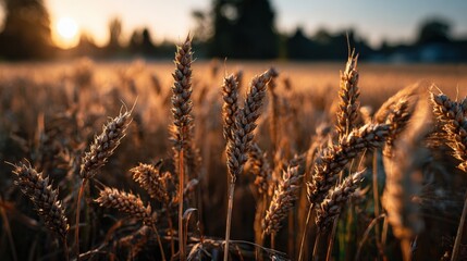 Fototapeta premium Close-up view of ripe golden wheat stalks swaying in an autumn field under warm sunset glow with distant trees and horizon in peaceful rural landscape scene
