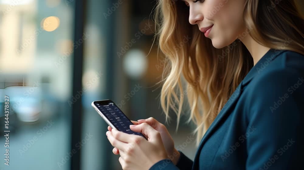 Poster over the shoulder view of young woman analyzing financial data on mobile banking app - conceptual ph