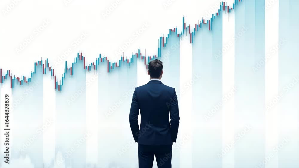 Poster back view of a businessman analyzing stock market graph on white background - ideal photo stock conc