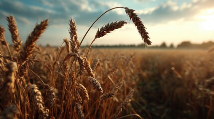 Obraz premium Close-up of tall golden wheat stalks swaying in the breeze du sunrise in a vast agricultural field with a clear sky and lush landscape background
