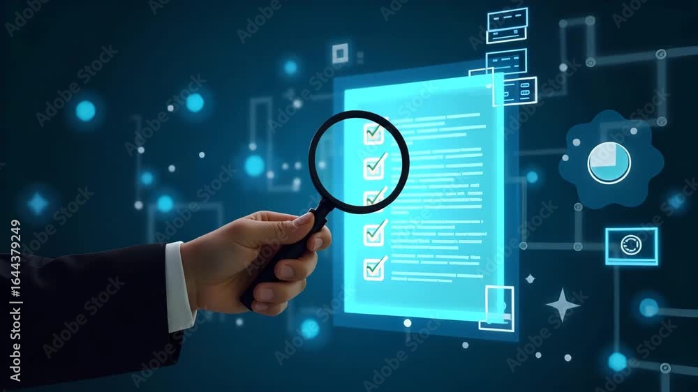 Poster hand holding magnifying glass over holographic document with checklist and certification icons for d