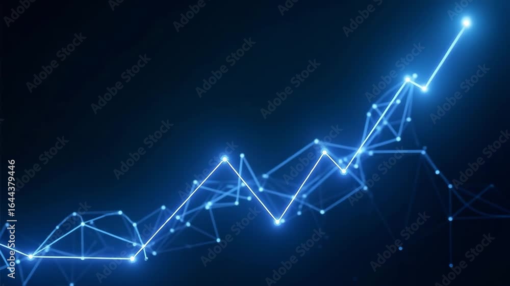 Poster abstract glowing blue growth chart: low polygon particle triangle style wireframe with light connect