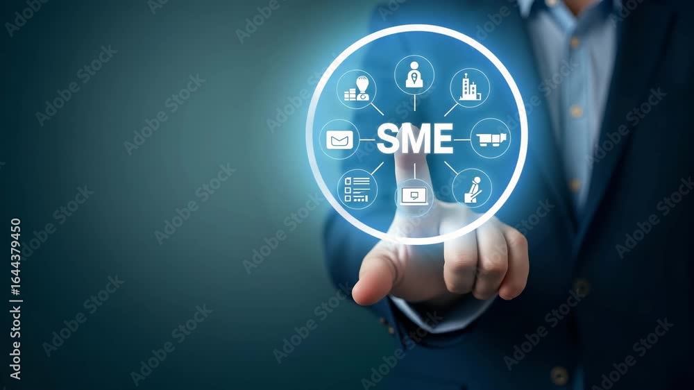 Poster hand pointing at holographic icons representing sme business growth strategies - visual concept for 